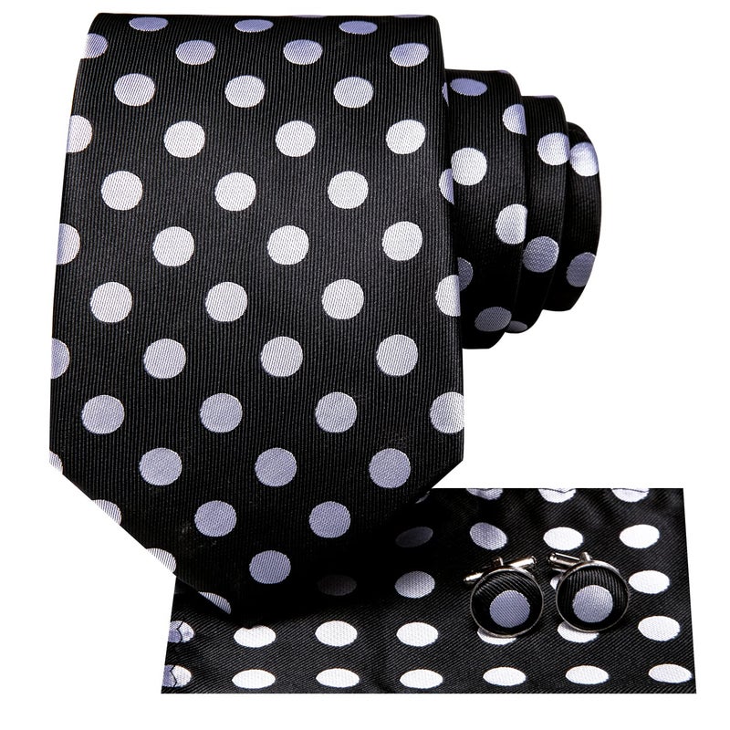 Hi-Tie Black White Dots Tie Sets for Men Silk Casual Formal Necktie With Pocket Square Cufflinks for Wedding Business - Image 2